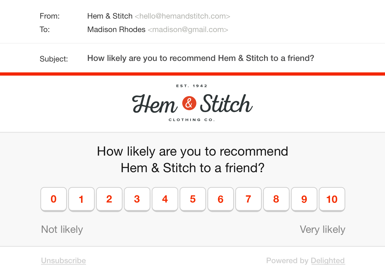 Example of an NPS survey embedded in an email