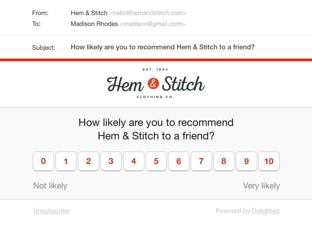 Email survey distribution: First question of the NPS survey embedded in email