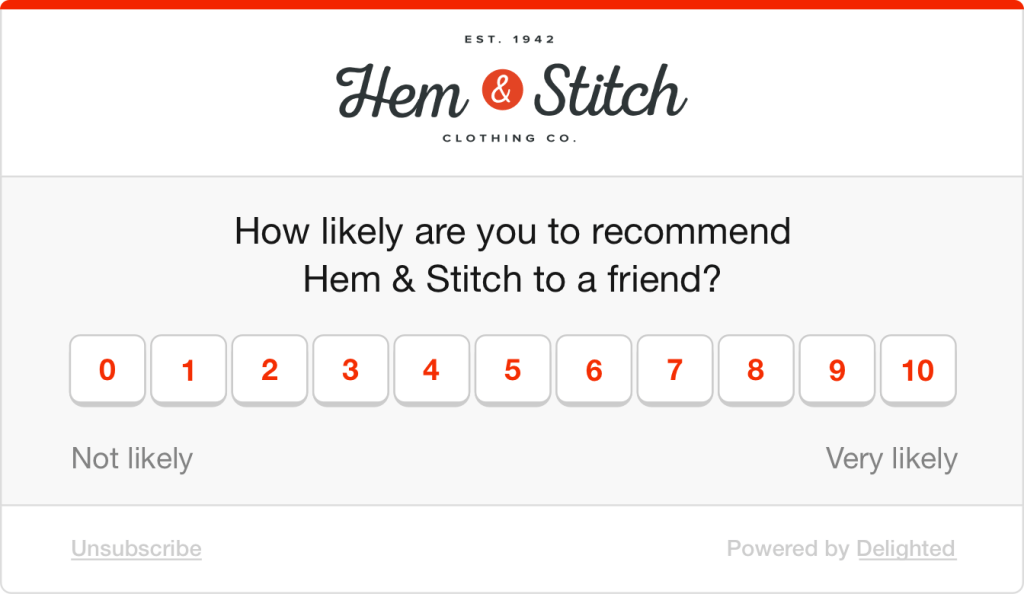 Pesquisa de experiência do cliente que você pode usar para feedback de testemunhos: Qual é a probabilidade de você recomendar Hem &amp; Stitch a um amigo?