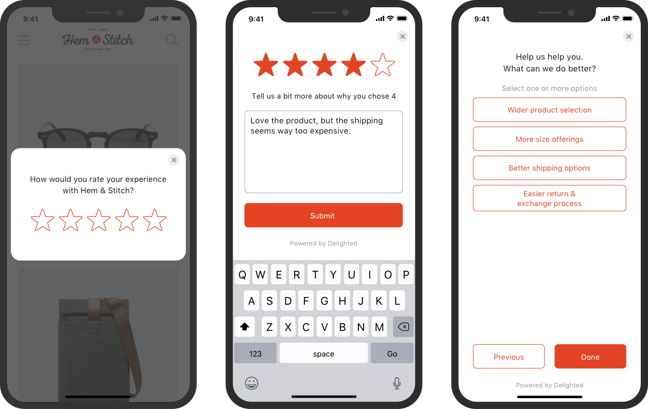 Delighted's 5-star survey experience on mobile phone created with the Delighted feedback sdk