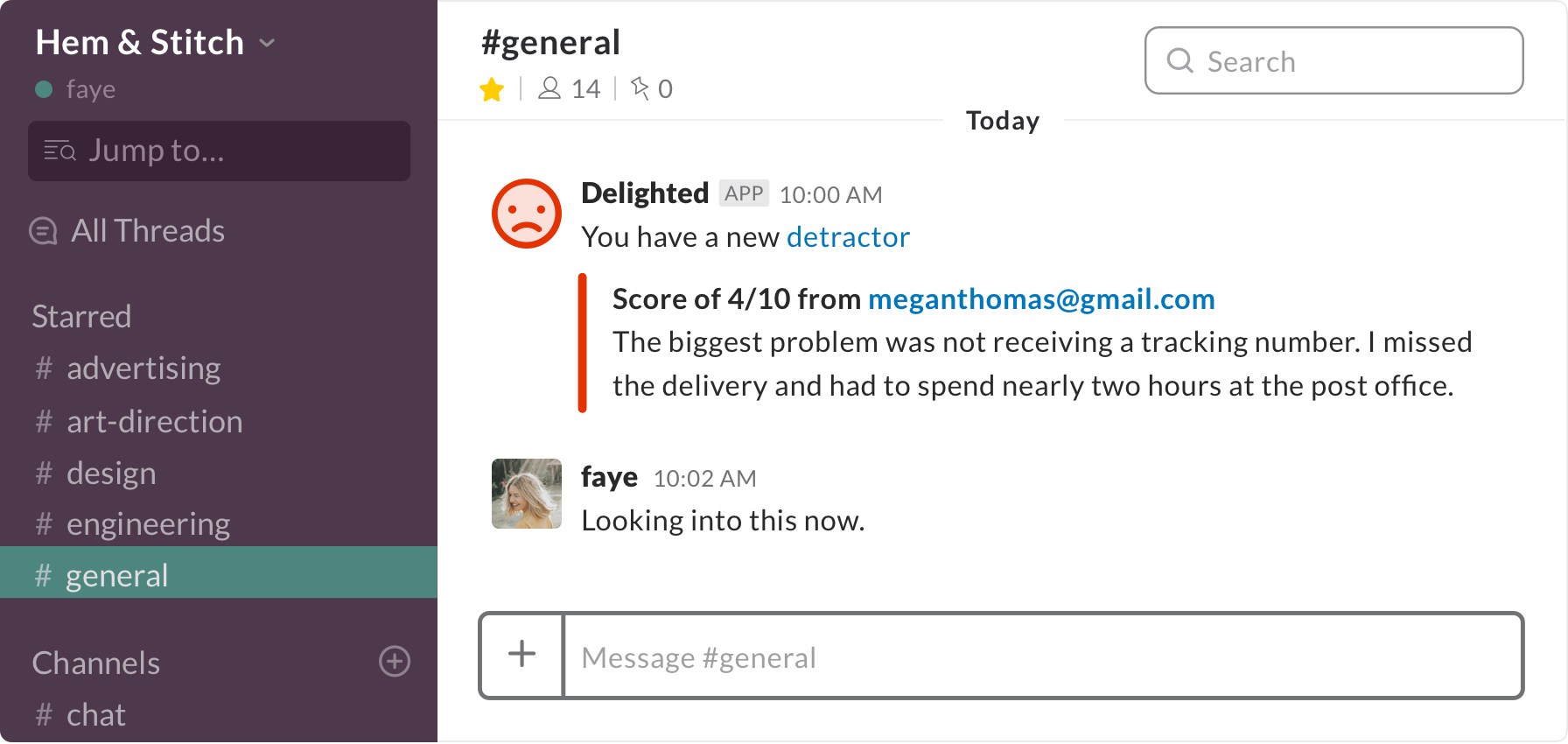 Team collaborating on Delighted customer feedback in Slack