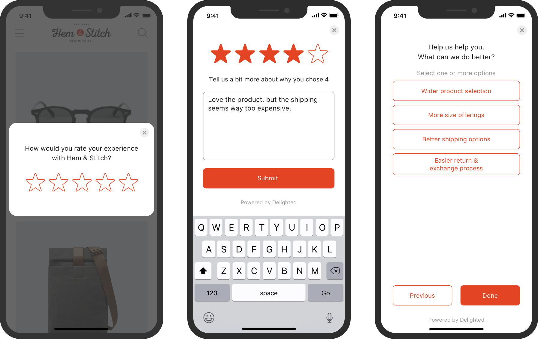 in-app survey with 5-star rating scale and follow-up questions