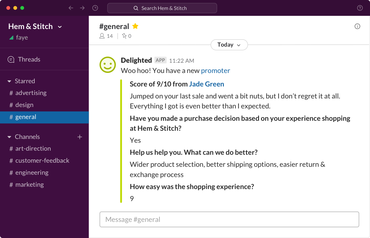 answers to Delighted additional survey questions in Slack