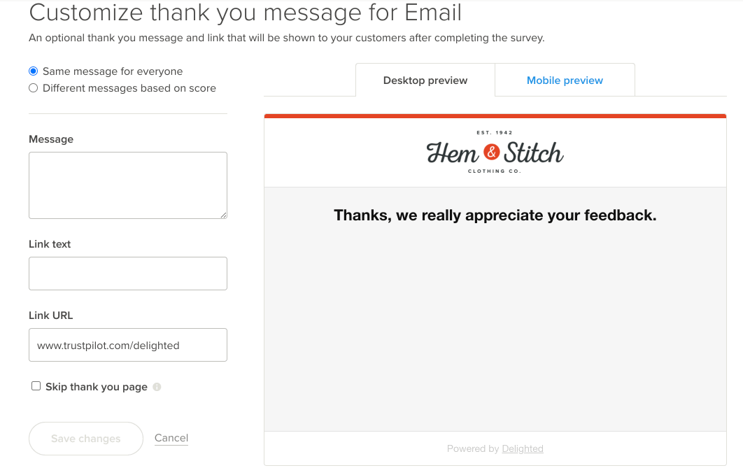 Configure a redirect from the Thank you page to a specified link