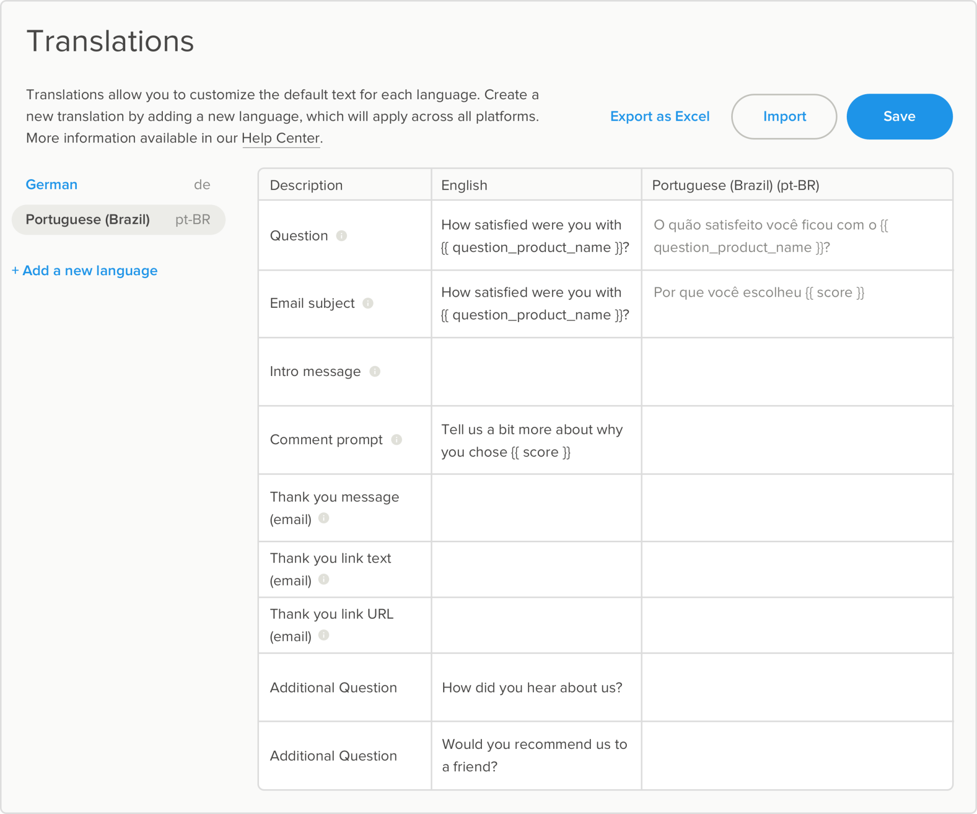 survey translations interface in the delighted platform