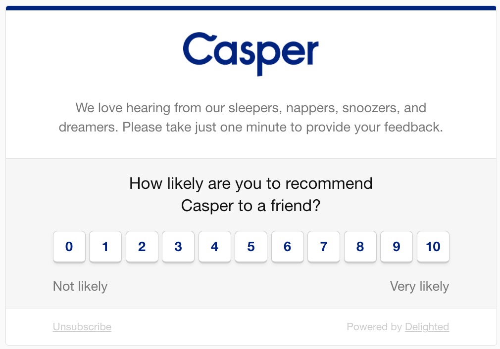 Casper's NPS survey powered by Delighted