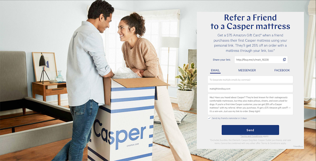 Casper's mattress referral program landing page