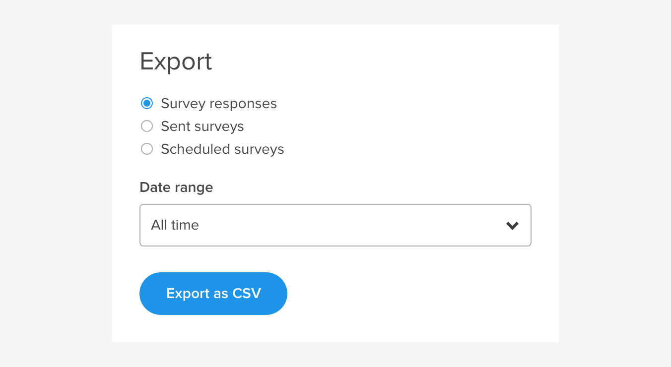 Delighted export options include survey responses, sent surveys, and scheduled surveys